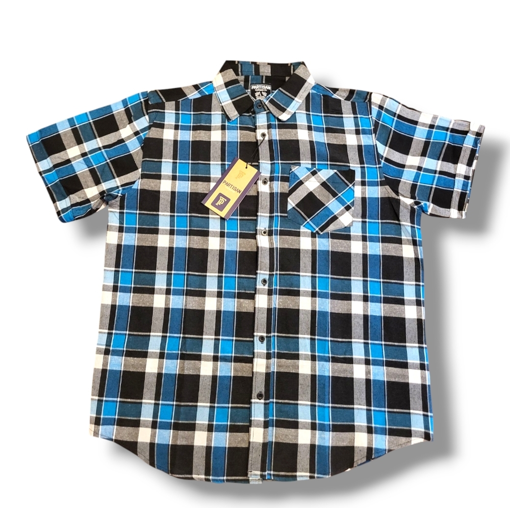 Partisan‎ Button Up Blue Short  Sleeve Men's Size Large Plaid Shirt New With Tag